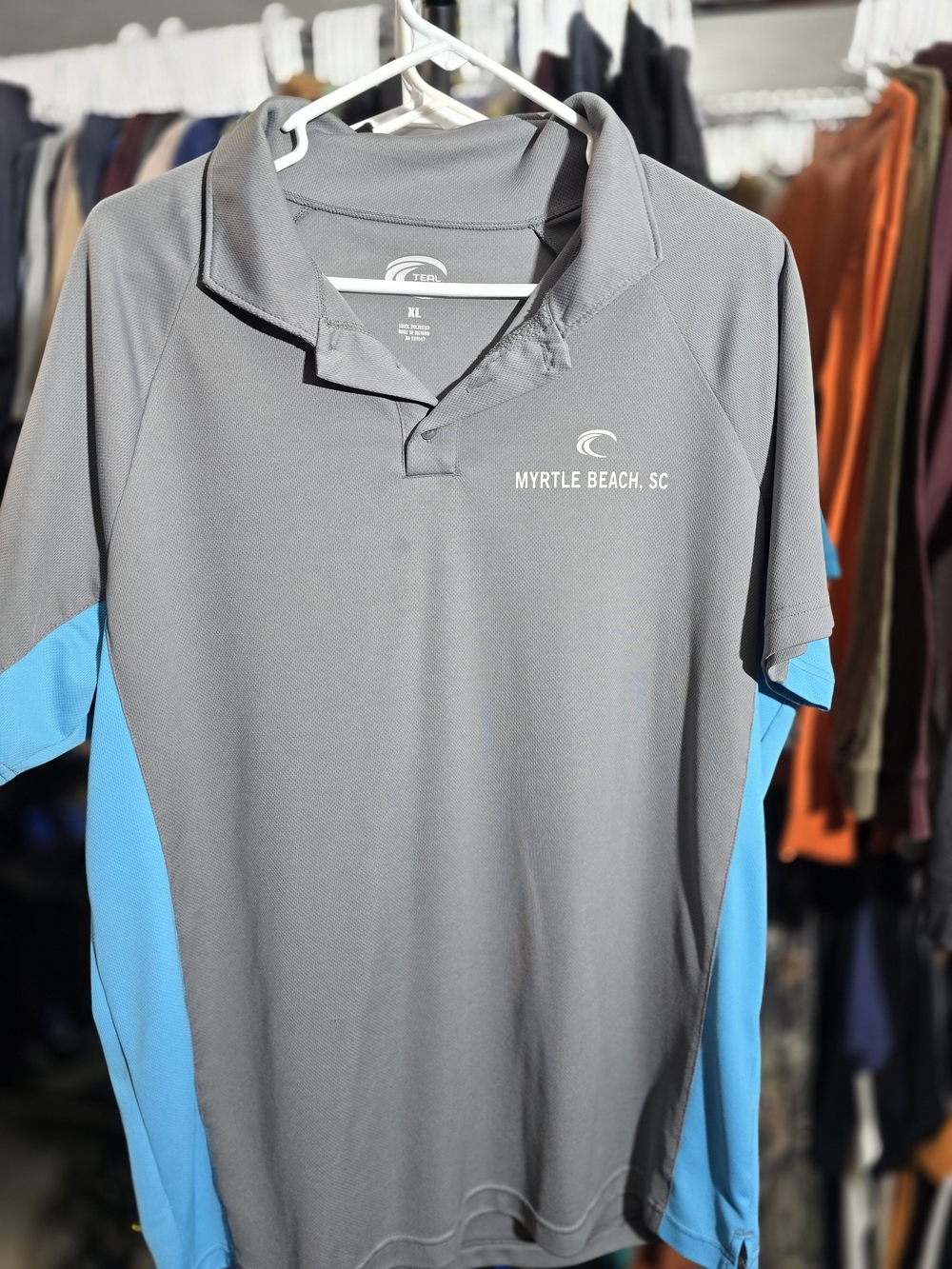 Men's Gray Performance Polo with Blue Panels